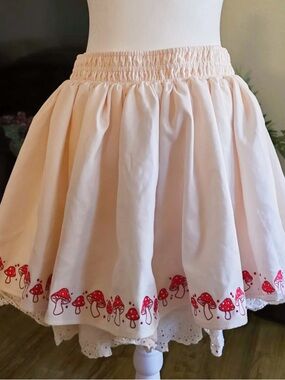 Cream Circle Mushroom Skirt with Red Mushroom embroidery